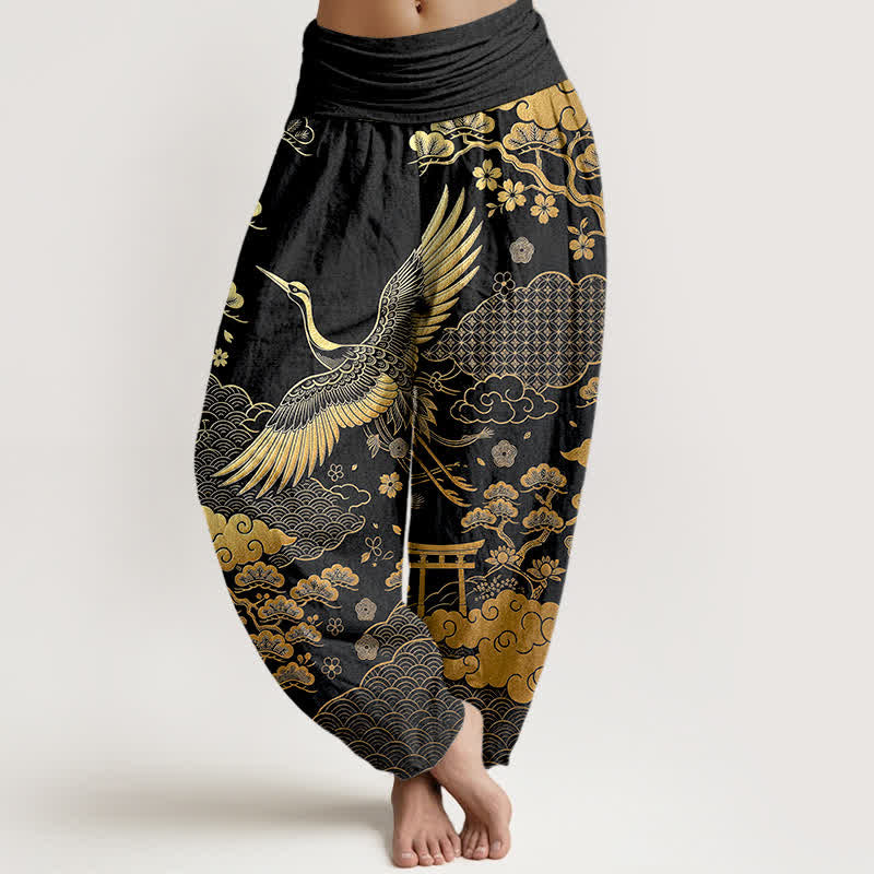 Buddha Stones Pantaloni harem da donna in cotone con motivo gru dorata e nuvole, con elastico in vita. - Nero - US16, UK/AU20, EU48 (3XL) - image 0