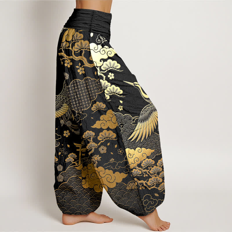 Buddha Stones Pantaloni harem da donna in cotone con motivo gru dorata e nuvole, con elastico in vita. - image 1