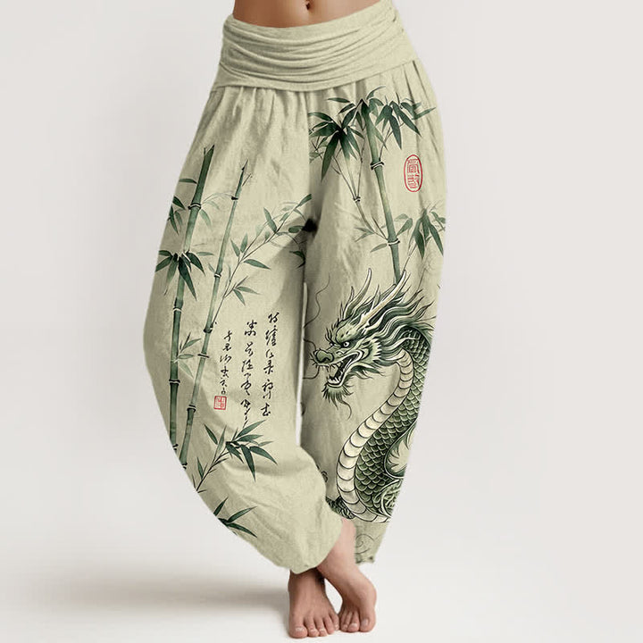 Buddha Stones Pantaloni harem da donna in cotone con motivo drago e bambù, vita elasticizzata - Beige - US16, UK/AU20, EU48 (3XL) - image 0
