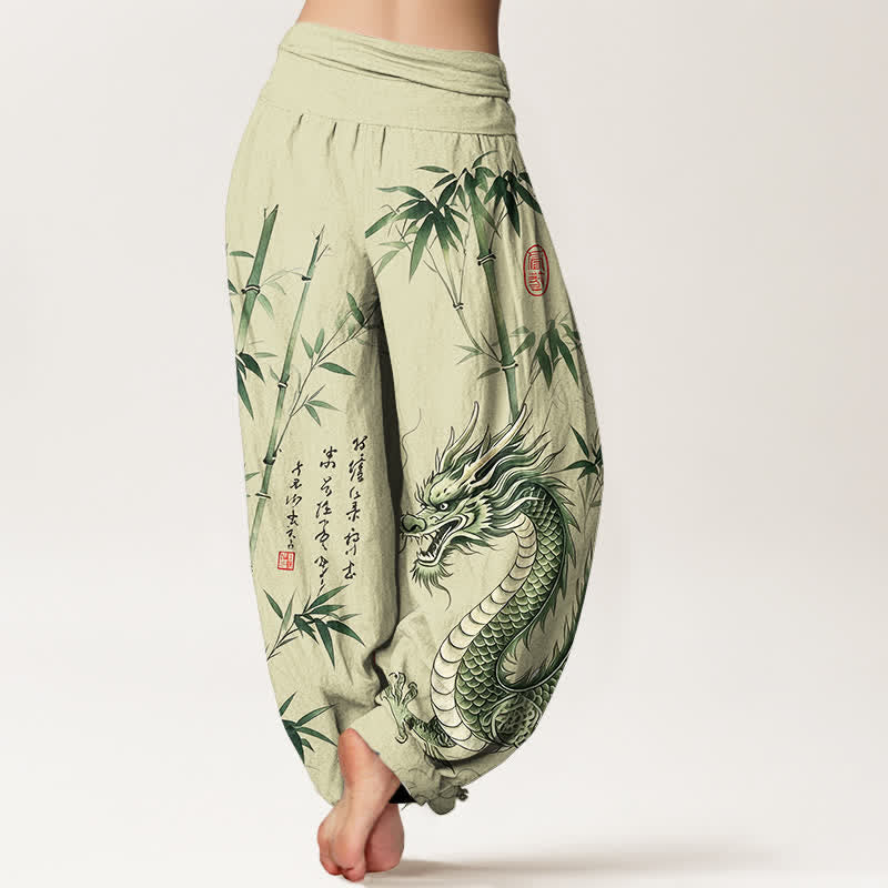 Buddha Stones Pantaloni harem da donna in cotone con motivo drago e bambù, vita elasticizzata - image 2