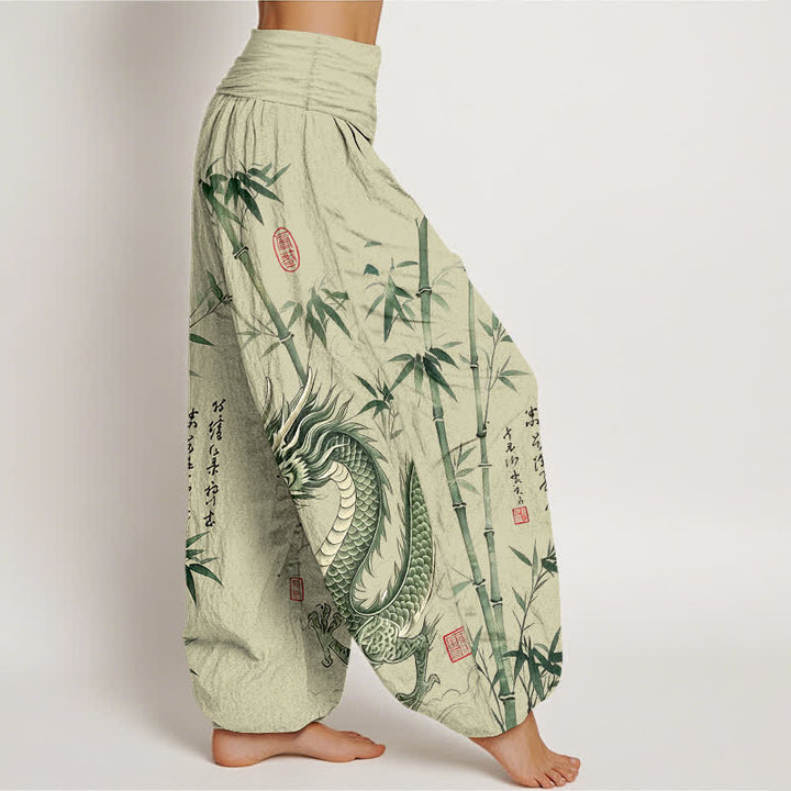 Buddha Stones Pantaloni harem da donna in cotone con motivo drago e bambù, vita elasticizzata - image 1