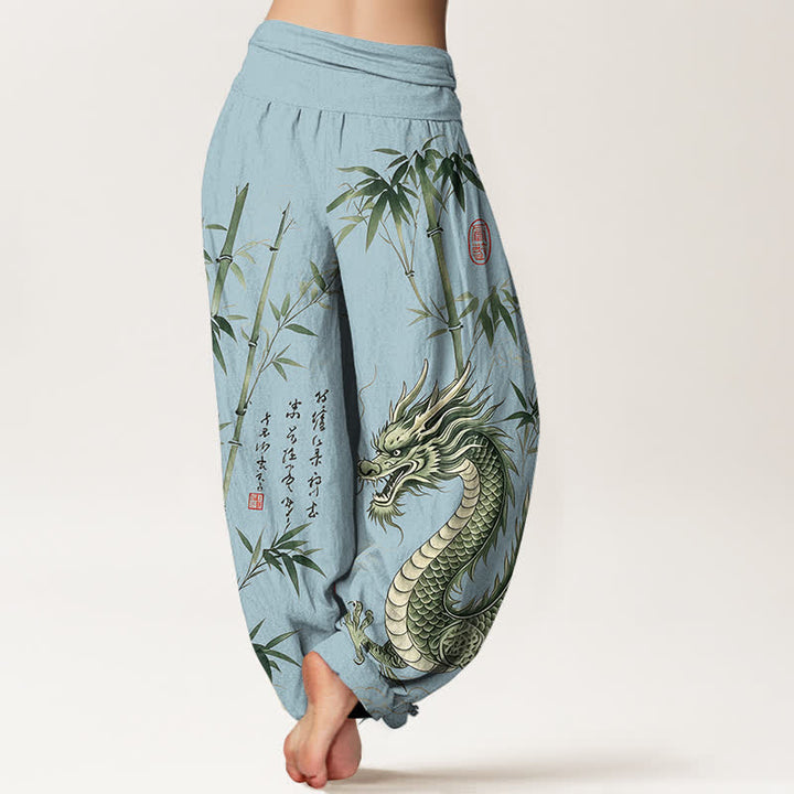 Buddha Stones Pantaloni harem da donna in cotone con motivo drago e bambù, vita elasticizzata - image 7