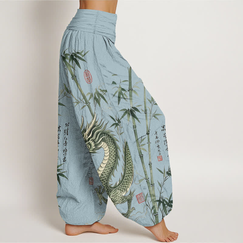 Buddha Stones Pantaloni harem da donna in cotone con motivo drago e bambù, vita elasticizzata - image 6