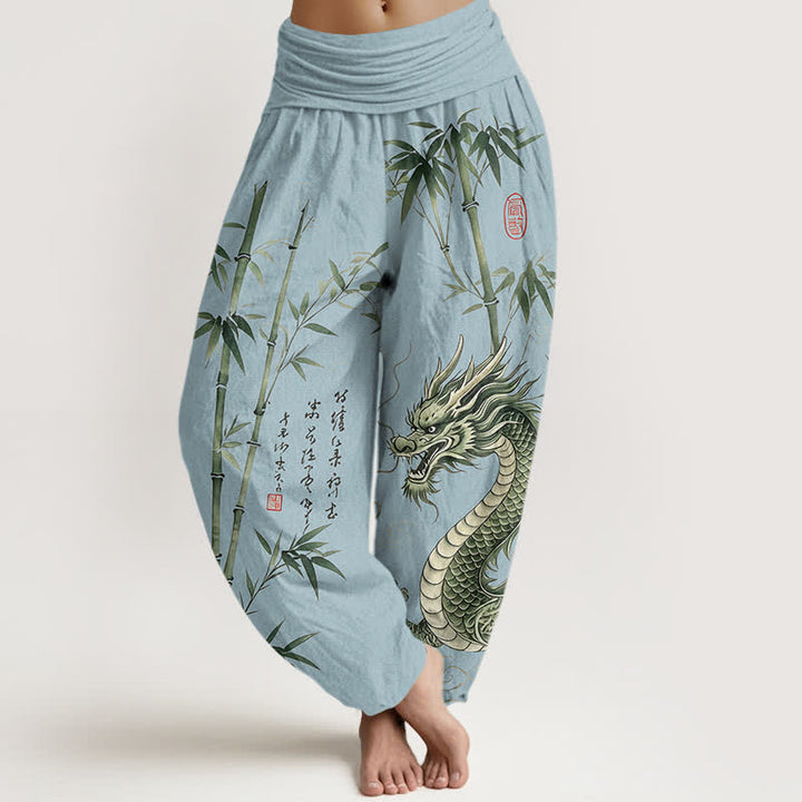 Buddha Stones Pantaloni harem da donna in cotone con motivo drago e bambù, vita elasticizzata - Azzurro chiaro - US16, UK/AU20, EU48 (3XL) - image 5