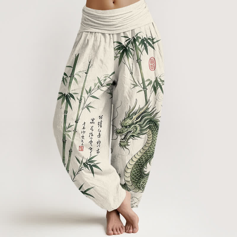Buddha Stones Pantaloni harem da donna in cotone con motivo drago e bambù, vita elasticizzata - Avorio - US16, UK/AU20, EU48 (3XL) - image 8