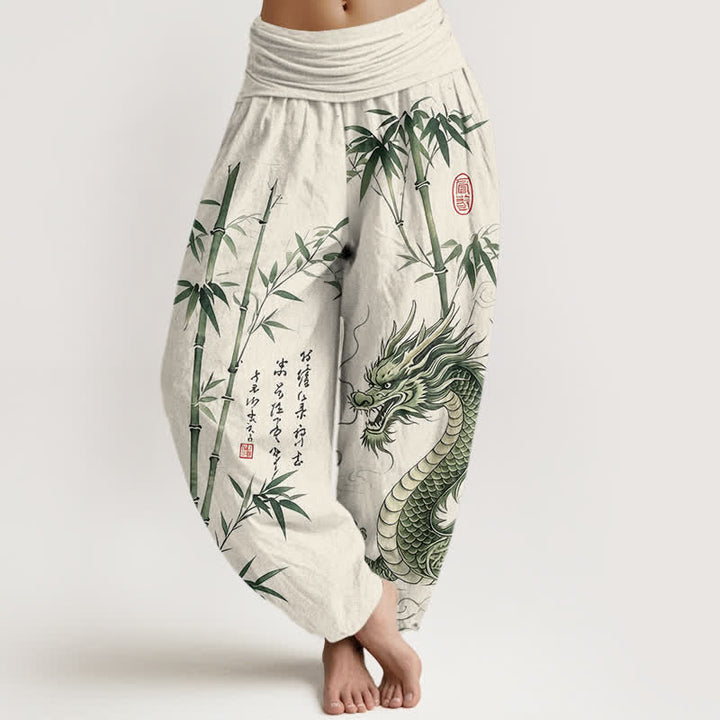 Buddha Stones Pantaloni harem da donna in cotone con motivo drago e bambù, vita elasticizzata - Avorio - US16, UK/AU20, EU48 (3XL) - image 8