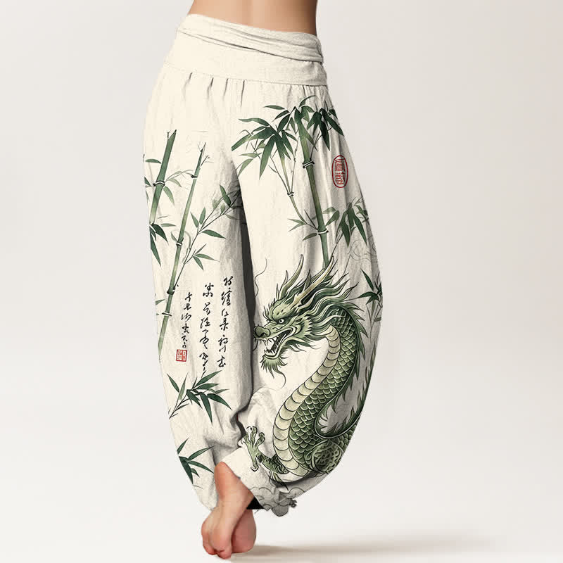 Buddha Stones Pantaloni harem da donna in cotone con motivo drago e bambù, vita elasticizzata - image 10