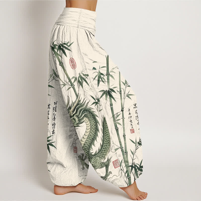 Buddha Stones Pantaloni harem da donna in cotone con motivo drago e bambù, vita elasticizzata - image 9