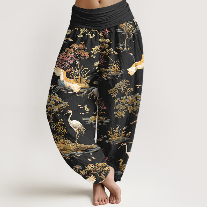 Buddha Stones Pantaloni harem da donna in cotone con motivo floreale Crane Reed e vita elasticizzata. - Nero - US16, UK/AU20, EU48 (3XL) - image 0