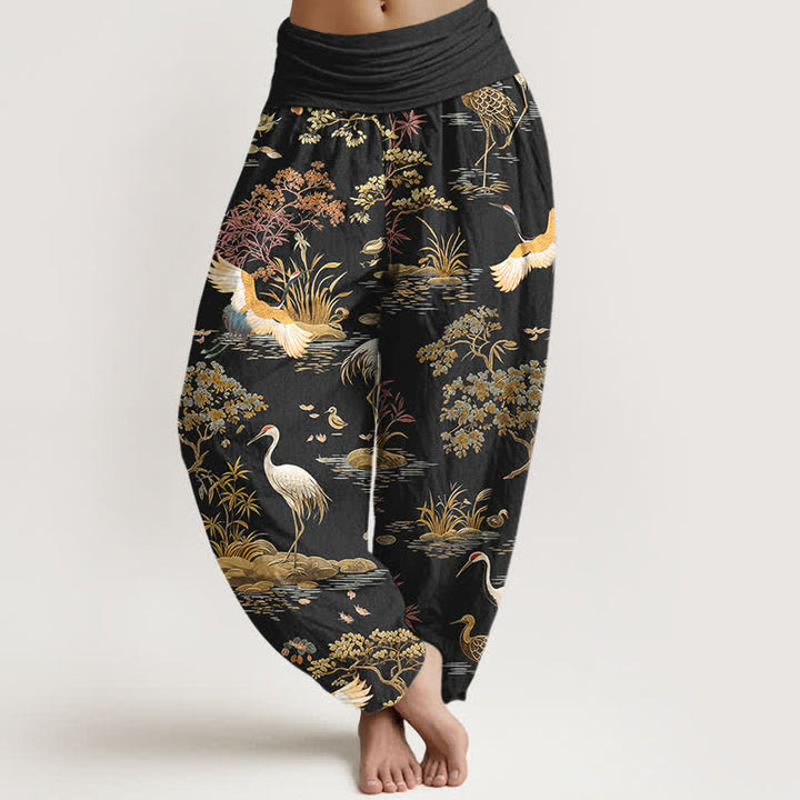 Buddha Stones Pantaloni harem da donna in cotone con motivo floreale Crane Reed e vita elasticizzata. - Nero - US16, UK/AU20, EU48 (3XL) - image 0