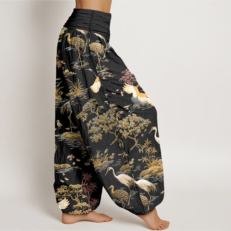 Buddha Stones Pantaloni harem da donna in cotone con motivo floreale Crane Reed e vita elasticizzata. - image 1