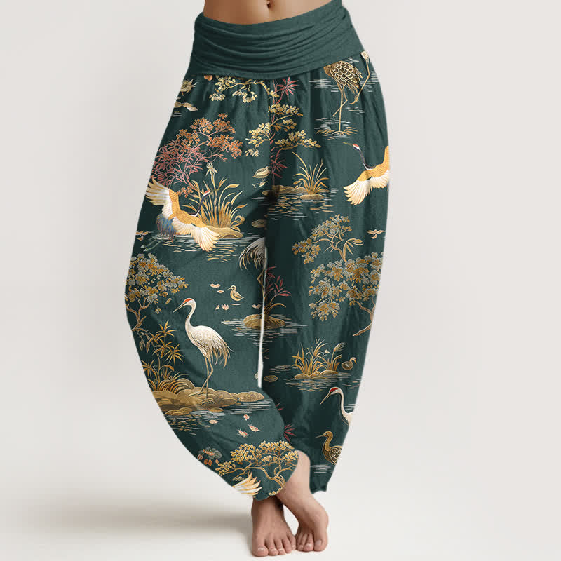 Buddha Stones Pantaloni harem da donna in cotone con motivo floreale Crane Reed e vita elasticizzata. - Ciano scuro - US16, UK/AU20, EU48 (3XL) - image 5