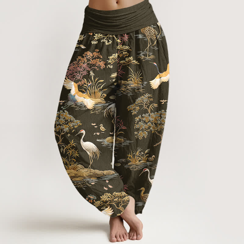 Buddha Stones Pantaloni harem da donna in cotone con motivo floreale Crane Reed e vita elasticizzata. - Oliva - US16, UK/AU20, EU48 (3XL) - image 8