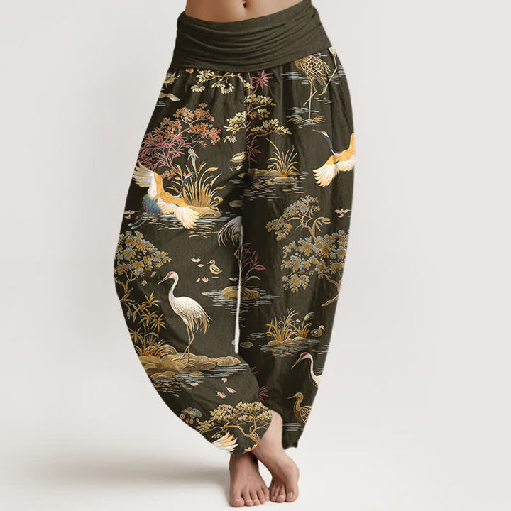 Buddha Stones Pantaloni harem da donna in cotone con motivo floreale Crane Reed e vita elasticizzata. - Oliva - US16, UK/AU20, EU48 (3XL) - image 8