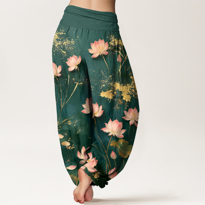 Buddha Stones Pantaloni harem da donna in cotone rosa con motivo a loto e schizzi dorati, con elastico in vita. - image 1