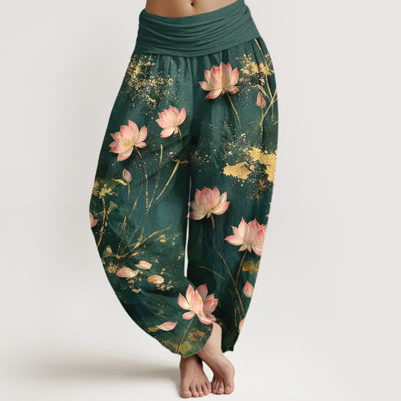Buddha Stones Pantaloni harem da donna in cotone rosa con motivo a loto e schizzi dorati, con elastico in vita. - Verde acqua - US16, UK/AU20, EU48 (3XL) - image 0