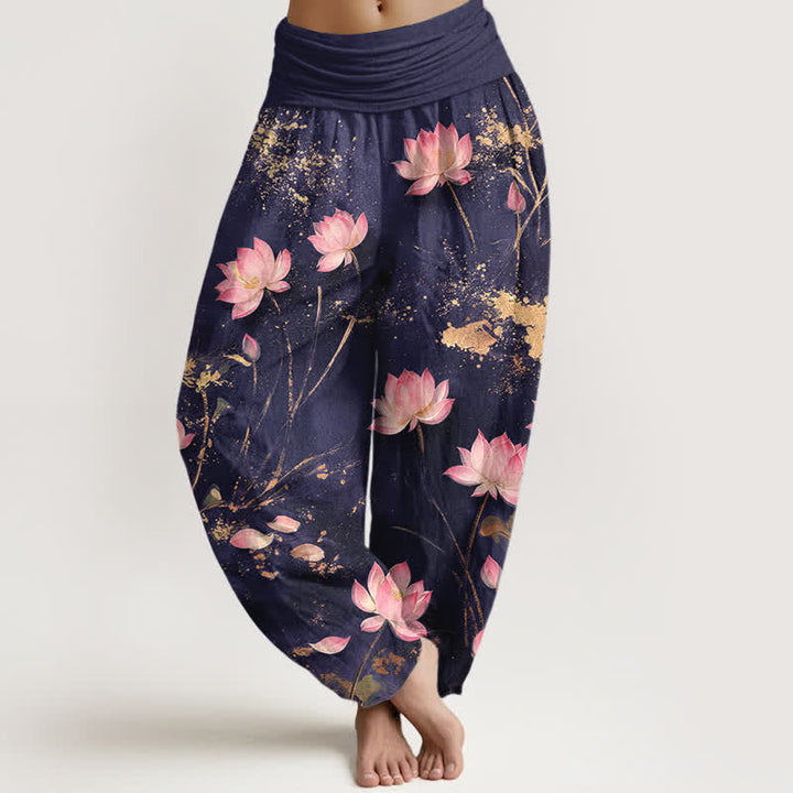 Buddha Stones Pantaloni harem da donna in cotone rosa con motivo a loto e schizzi dorati, con elastico in vita. - Indaco - US16, UK/AU20, EU48 (3XL) - image 5