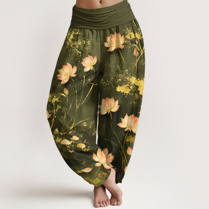 Buddha Stones Pantaloni harem da donna in cotone rosa con motivo a loto e schizzi dorati, con elastico in vita. - Verde oliva - US16, UK/AU20, EU48 (3XL) - image 8