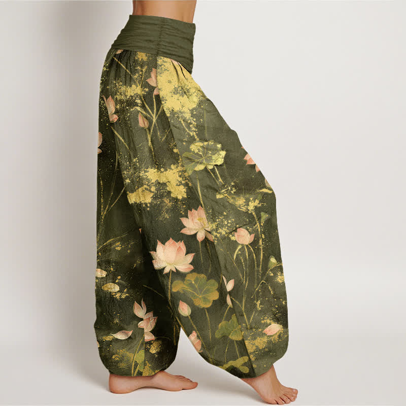 Buddha Stones Pantaloni harem da donna in cotone rosa con motivo a loto e schizzi dorati, con elastico in vita. - image 9