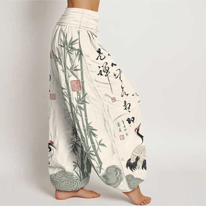 Buddha Stones Pantaloni harem da donna in cotone e bambù con motivo a gru e calligrafia, vita elasticizzata. - image 1