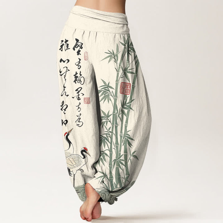 Buddha Stones Pantaloni harem da donna in cotone e bambù con motivo a gru e calligrafia, vita elasticizzata. - image 2