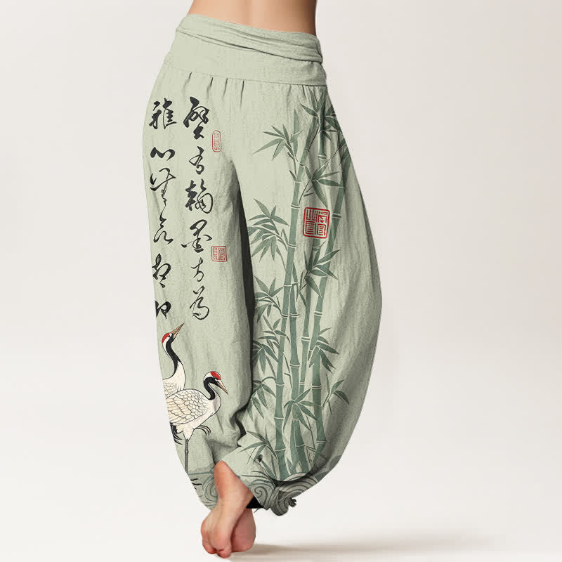 Buddha Stones Pantaloni harem da donna in cotone e bambù con motivo a gru e calligrafia, vita elasticizzata. - image 7