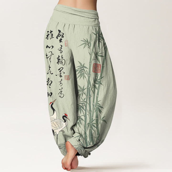 Buddha Stones Pantaloni harem da donna in cotone e bambù con motivo a gru e calligrafia, vita elasticizzata. - image 7