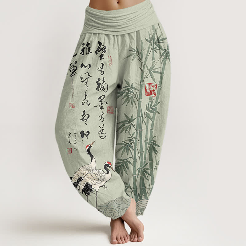 Buddha Stones Pantaloni harem da donna in cotone e bambù con motivo a gru e calligrafia, vita elasticizzata. - Verde Mare Scuro - US16, UK/AU20, EU48 (3XL) - image 5