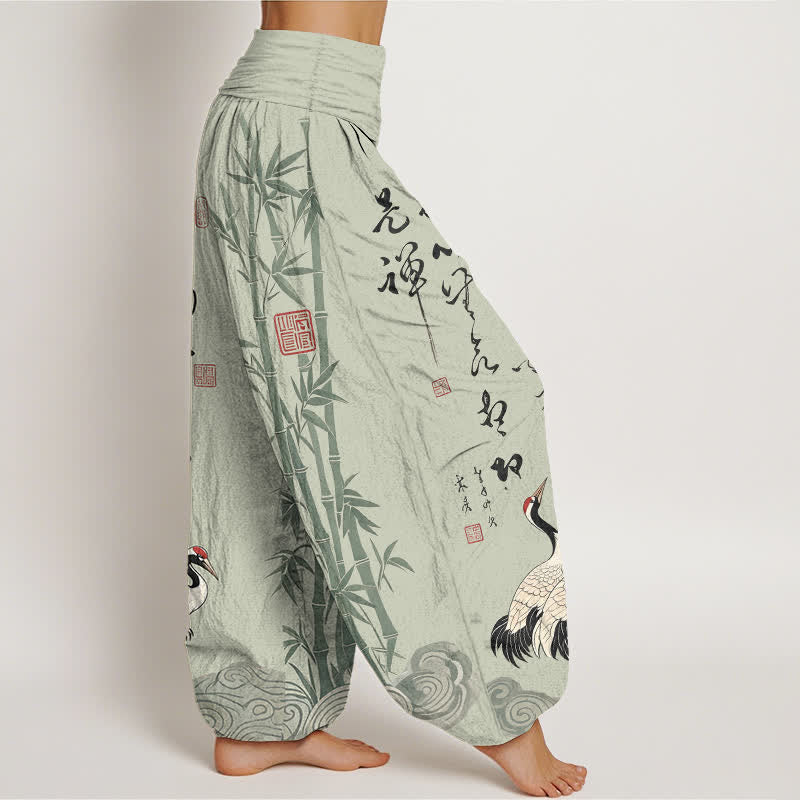 Buddha Stones Pantaloni harem da donna in cotone e bambù con motivo a gru e calligrafia, vita elasticizzata. - image 6