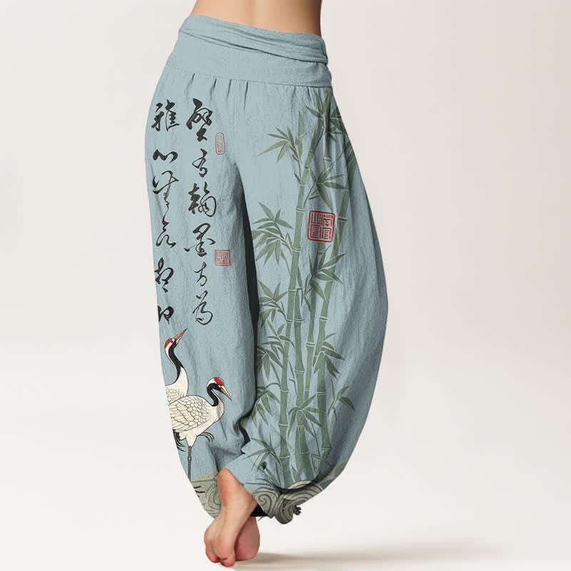 Buddha Stones Pantaloni harem da donna in cotone e bambù con motivo a gru e calligrafia, vita elasticizzata. - image 10