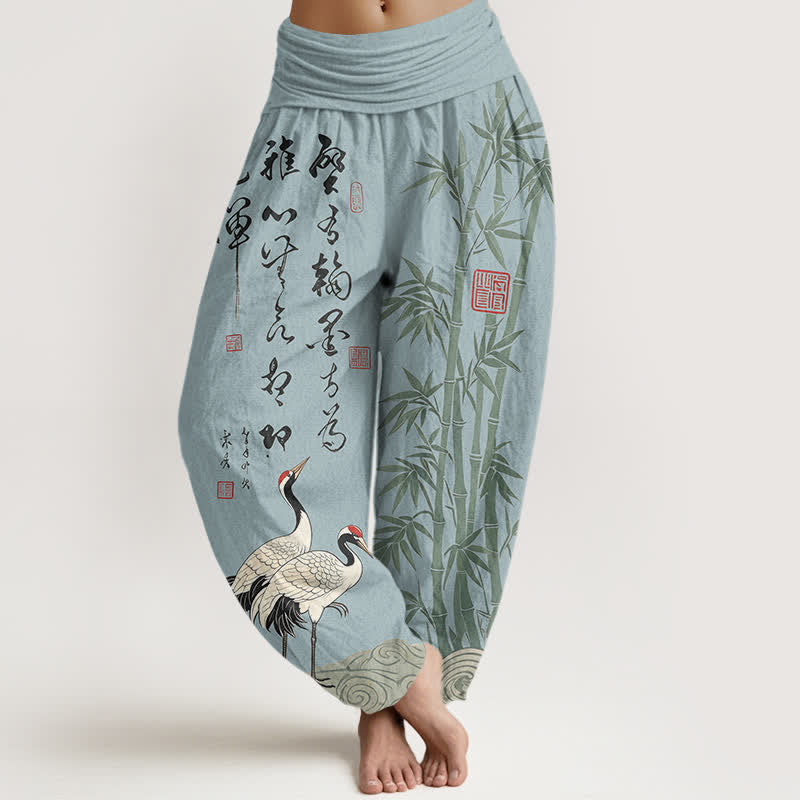 Buddha Stones Pantaloni harem da donna in cotone e bambù con motivo a gru e calligrafia, vita elasticizzata. - Azzurro polvere - US16, UK/AU20, EU48 (3XL) - image 8