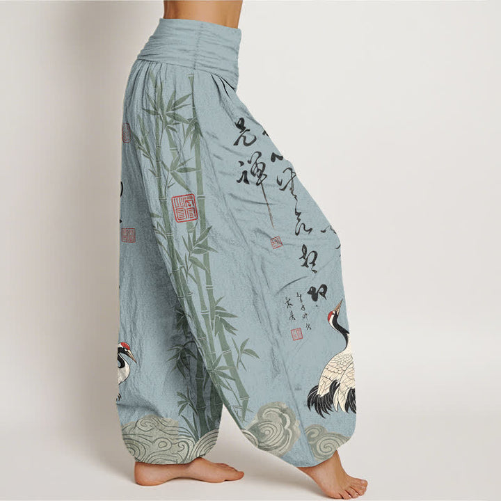 Buddha Stones Pantaloni harem da donna in cotone e bambù con motivo a gru e calligrafia, vita elasticizzata. - image 9