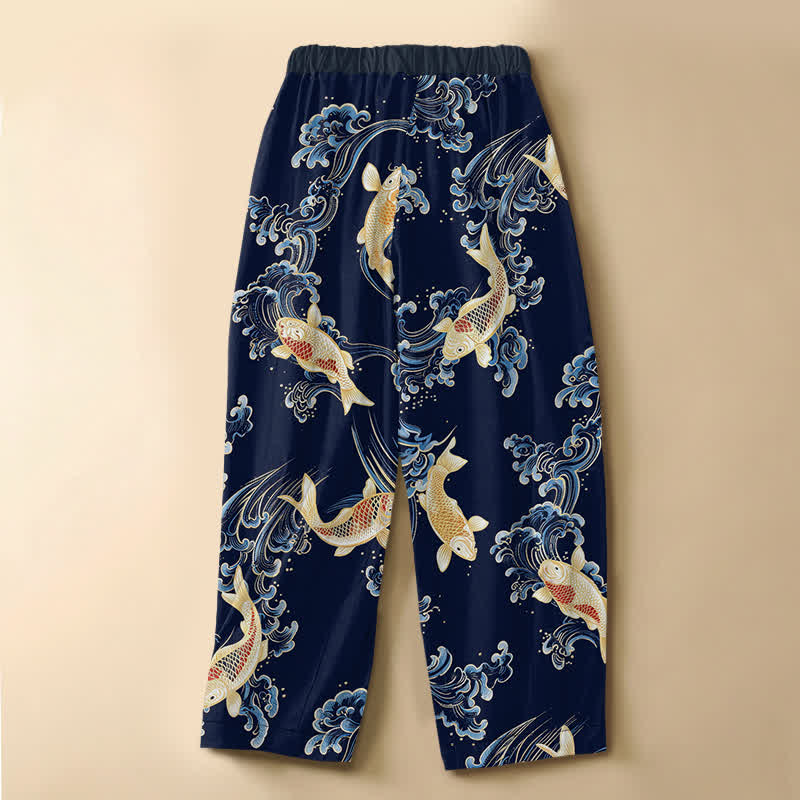 Buddha Stones Pantaloni harem da donna in puro cotone, stile vintage, con motivo a onde koi, bottoni a rana e vita elasticizzata, con tasche. - image 1