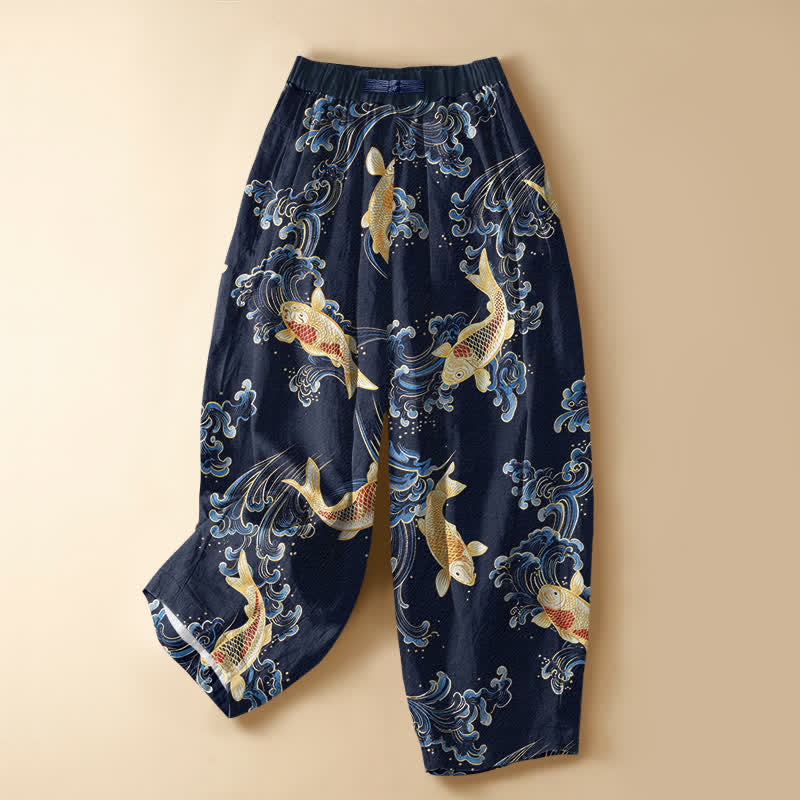 Buddha Stones Pantaloni harem da donna in puro cotone, stile vintage, con motivo a onde koi, bottoni a rana e vita elasticizzata, con tasche. - Marina - US16, UK/AU20, EU48 (3XL) - image 0