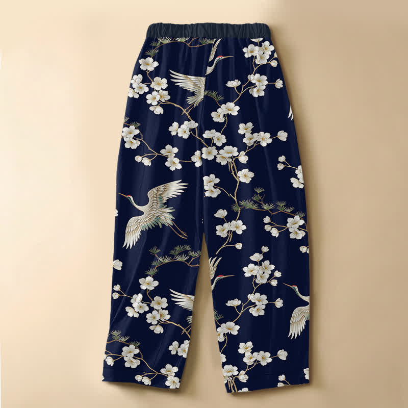 Buddha Stones Pantaloni harem da donna in puro cotone con motivo vintage a gru e fiori, bottoni a rana e vita elasticizzata, con tasche. - image 1