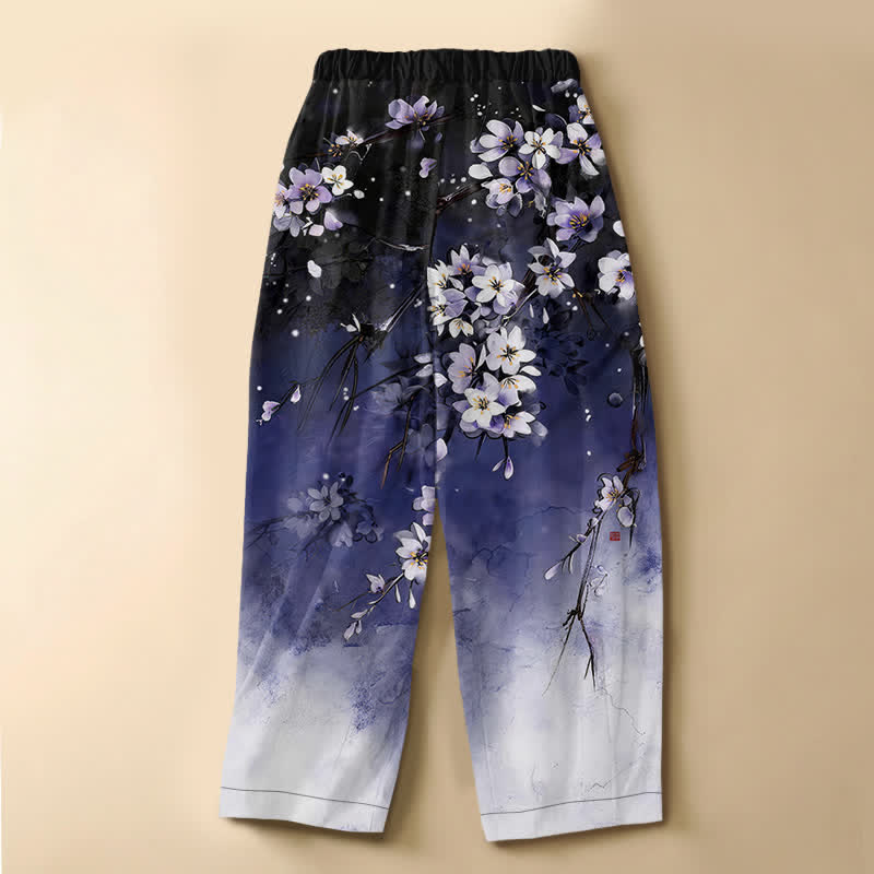 Buddha Stones Pantaloni harem da donna in puro cotone con motivo sfumato di fiori di ciliegio, bottoni a rana e vita elasticizzata, con tasche. - image 1