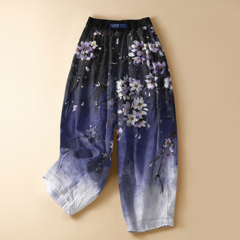 Buddha Stones Pantaloni harem da donna in puro cotone con motivo sfumato di fiori di ciliegio, bottoni a rana e vita elasticizzata, con tasche. - Indaco - US16, UK/AU20, EU48 (3XL) - image 0