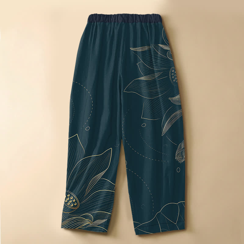 Buddha Stones Pantaloni harem da donna in puro cotone con motivo vintage a loto e bottoni a rana, vita elasticizzata e tasche. - image 1