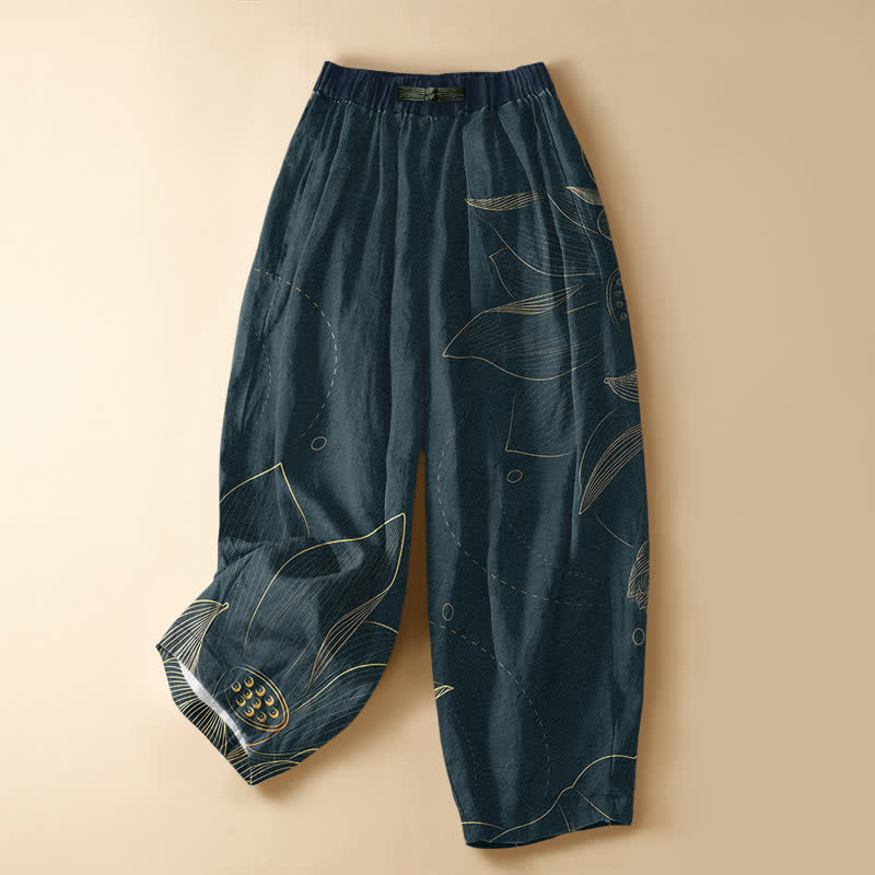 Buddha Stones Pantaloni harem da donna in puro cotone con motivo vintage a loto e bottoni a rana, vita elasticizzata e tasche. - Verde acqua - US16, UK/AU20, EU48 (3XL) - image 0