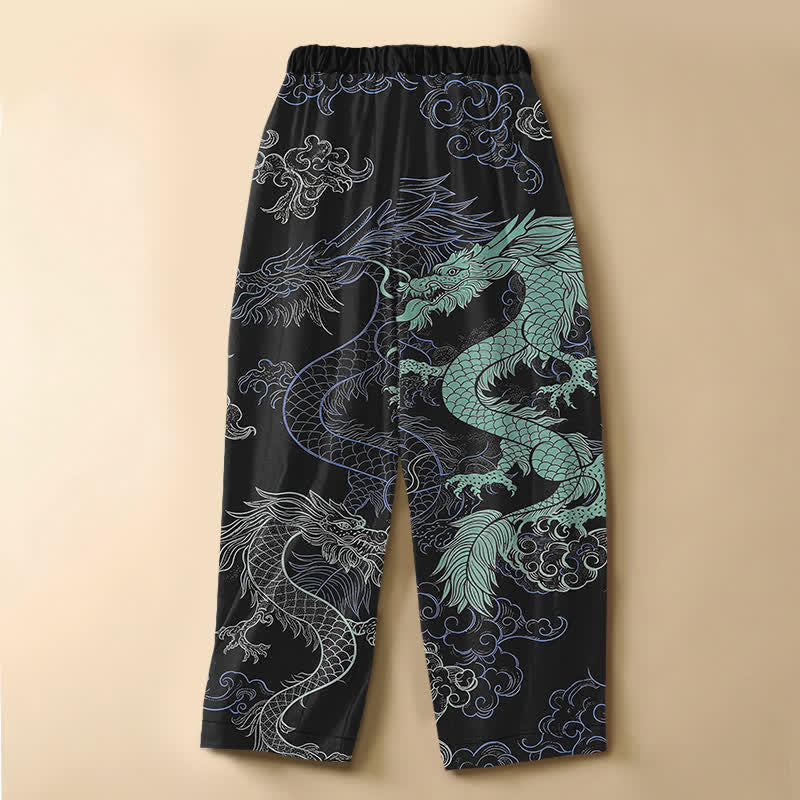 Buddha Stones Pantaloni harem da donna in puro cotone con motivo a onde di drago orientale, bottoni a rana e vita elasticizzata, con tasche. - image 1