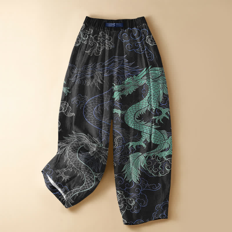 Buddha Stones Pantaloni harem da donna in puro cotone con motivo a onde di drago orientale, bottoni a rana e vita elasticizzata, con tasche. - Nero - US16, UK/AU20, EU48 (3XL) - image 0