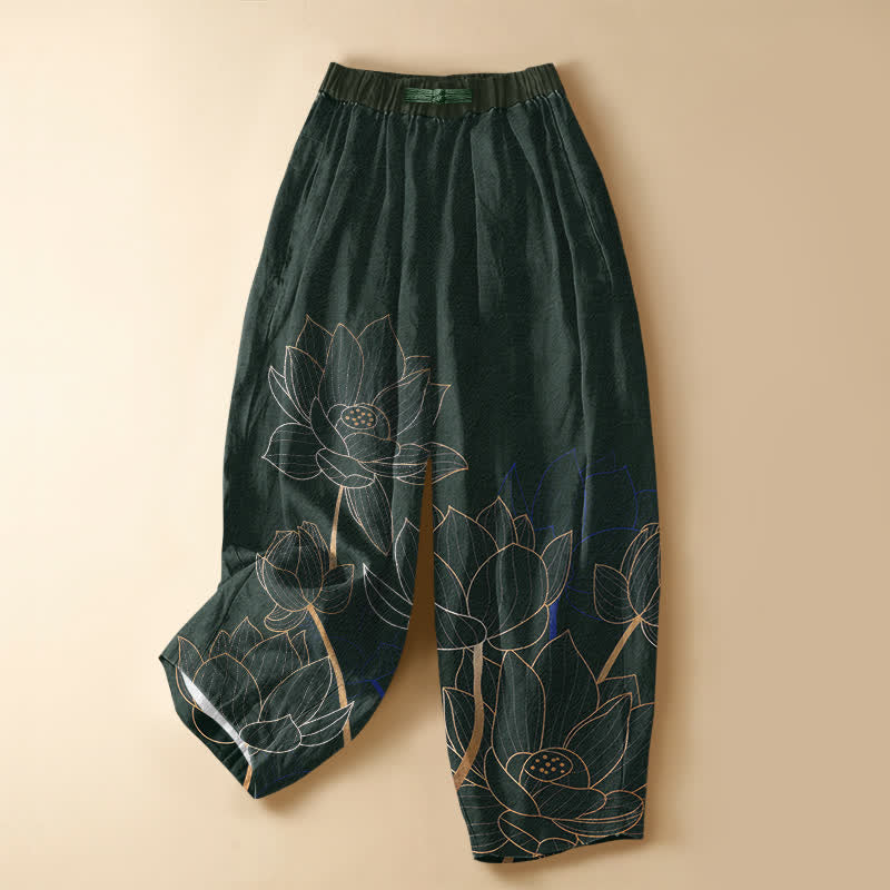 Buddha Stones Pantaloni harem da donna in puro cotone con elegante motivo a contorno di loto, bottoni a rana e vita elasticizzata con tasche. - Verde scuro - US16, UK/AU20, EU48 (3XL) - image 0