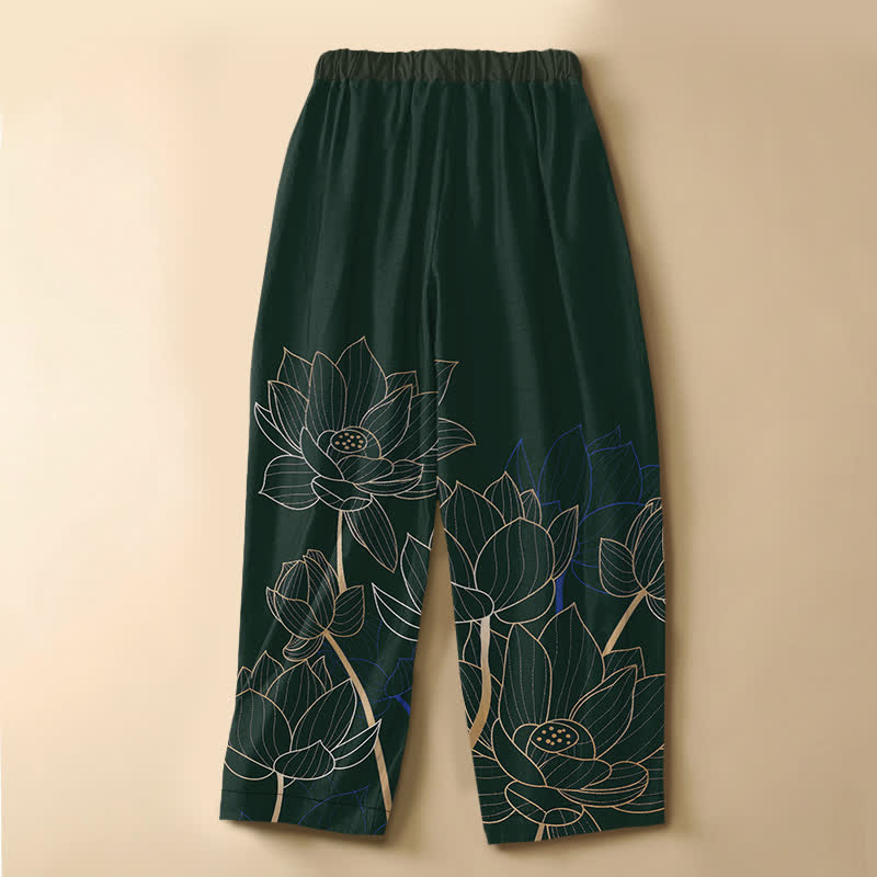 Buddha Stones Pantaloni harem da donna in puro cotone con elegante motivo a contorno di loto, bottoni a rana e vita elasticizzata con tasche. - image 1