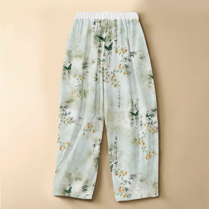 Buddha Stones Pantaloni harem da donna in puro cotone con elastico in vita, fantasia floreale con uccelli e calligrafia, chiusura con bottoni a rana e tasche. - image 1