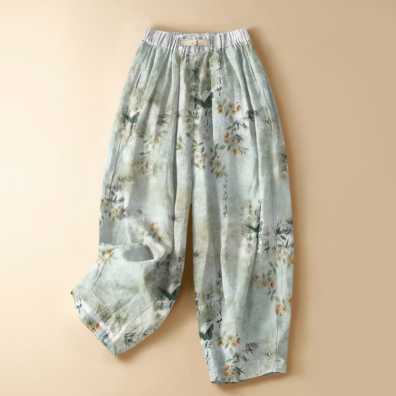 Buddha Stones Pantaloni harem da donna in puro cotone con elastico in vita, fantasia floreale con uccelli e calligrafia, chiusura con bottoni a rana e tasche. - Crema alla menta - US16, UK/AU20, EU48 (3XL) - image 0