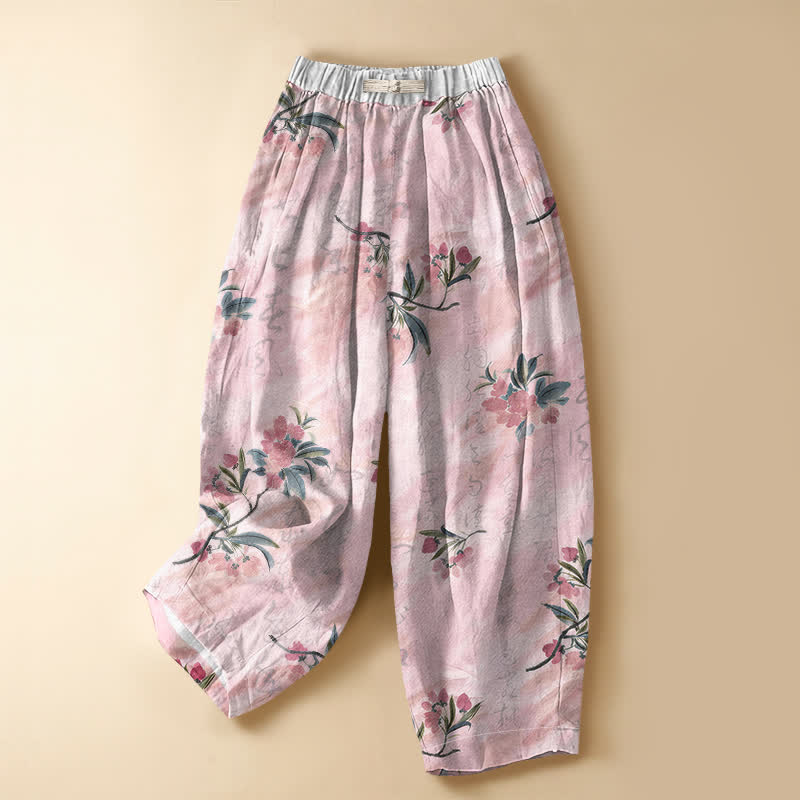 Buddha Stones Pantaloni harem da donna in puro cotone con motivo floreale romantico, bottoni a rana e vita elasticizzata, con tasche. - Rosa - US16, UK/AU20, EU48 (3XL) - image 0