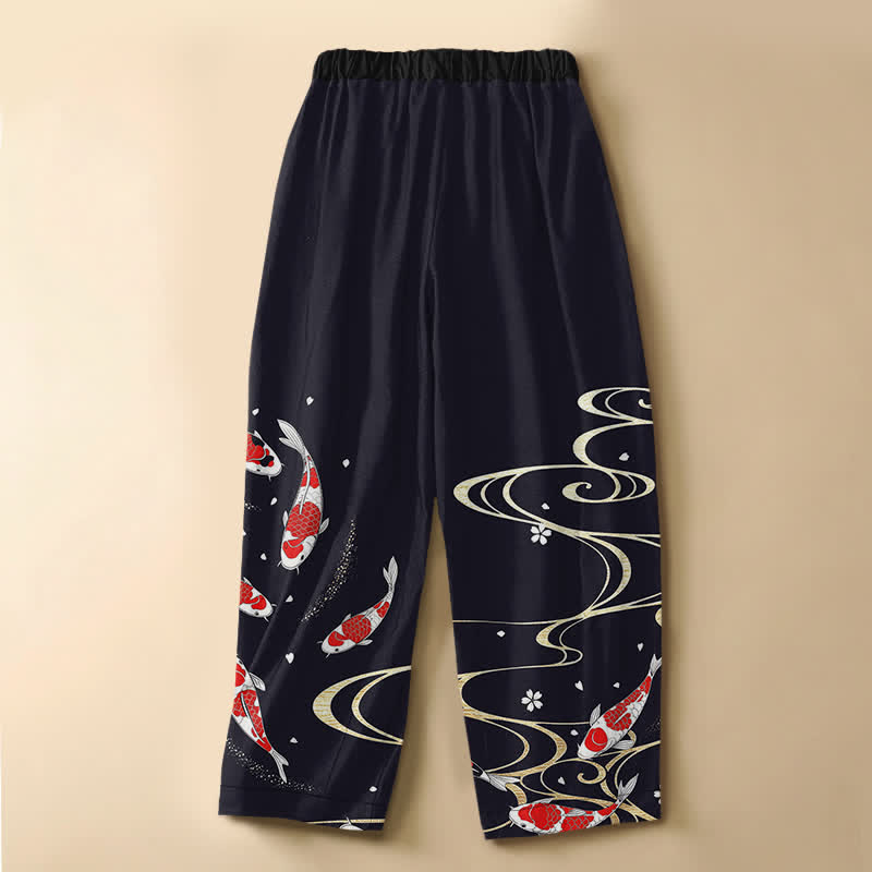 Buddha Stones Pantaloni harem da donna in puro cotone con motivo a carpe koi orientali, bottoni a rana e vita elasticizzata, con tasche. - image 1