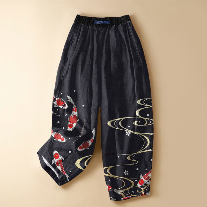 Buddha Stones Pantaloni harem da donna in puro cotone con motivo a carpe koi orientali, bottoni a rana e vita elasticizzata, con tasche. - Nero - US16, UK/AU20, EU48 (3XL) - image 0