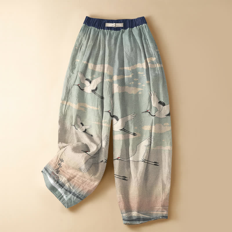 Buddha Stones Pantaloni harem da donna in puro cotone con stampa di gru e paesaggio, bottoni a rana e vita elasticizzata, con tasche. - Azzurro polvere - US16, UK/AU20, EU48 (3XL) - image 0