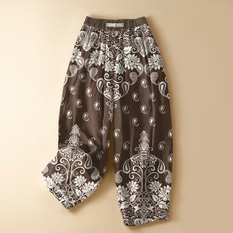 Buddha Stones Pantaloni harem da donna in puro cotone con bordo vintage, motivo paisley e fiori, bottoni a rana, vita elasticizzata e tasche. - Marrone sella - US16, UK/AU20, EU48 (3XL) - image 0